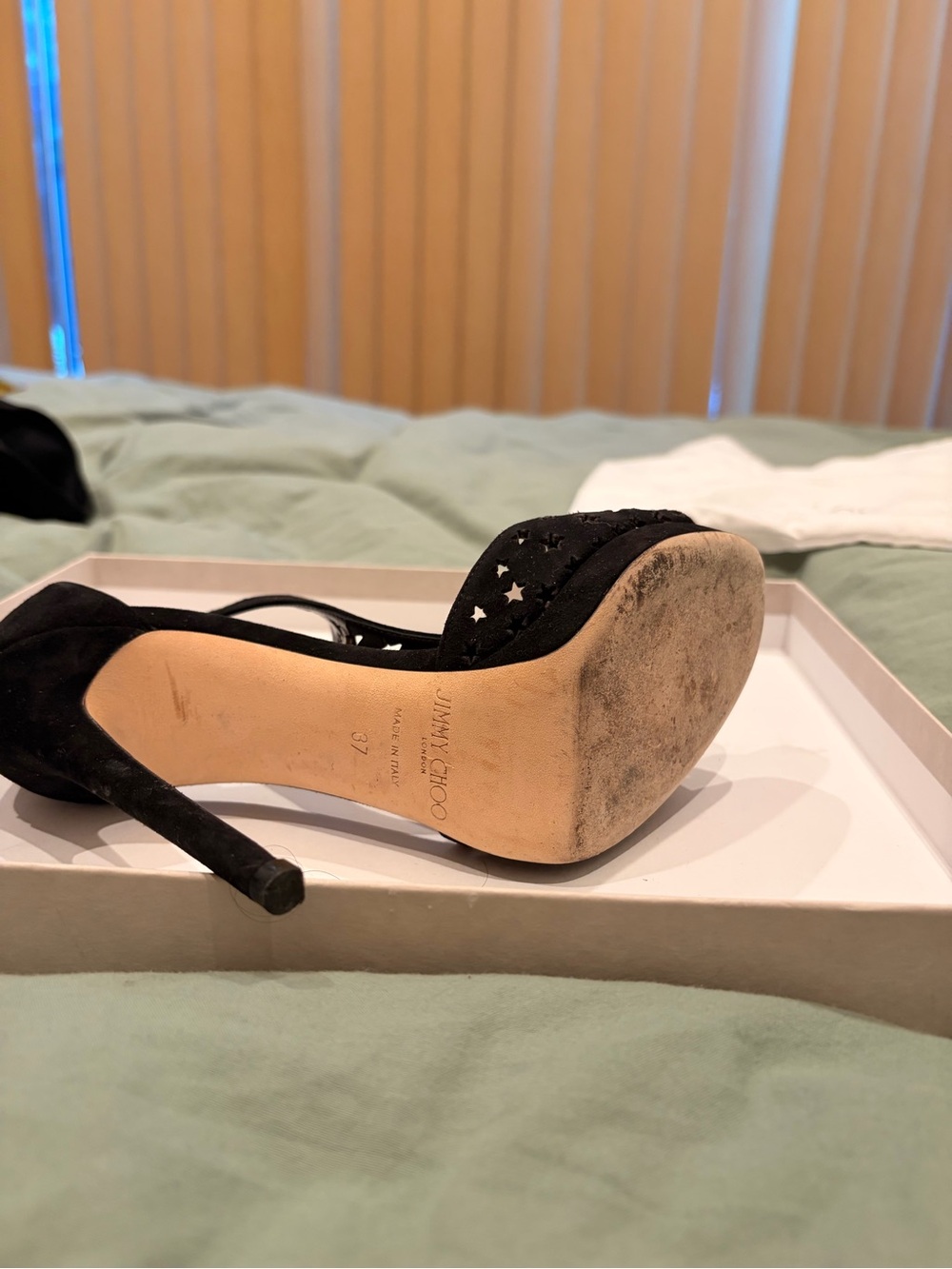 Jimmy Choo Black Star Cutout Suede T-Strap Stilettos - Picture 2 of 16